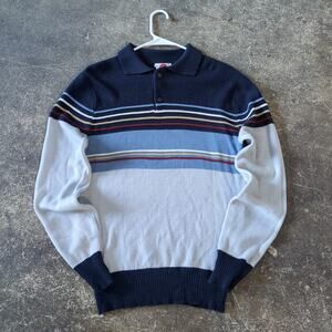 Vintage Gremlin Polo Sweater Mens M Blue Gray Striped 80s Preppy Retro Collared